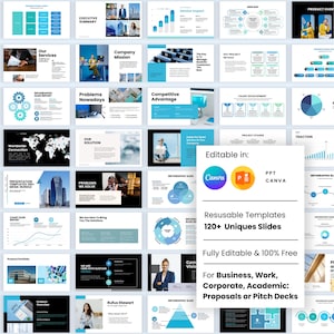 May include: A set of presentation slides in blue and white, covering topics such as company mission and competitive advantage. The slides are labelled "Editable in Canva" and "120+ Unique Slides". The slides are designed for business, work, corporate, academic proposals or pitch decks.