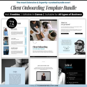 Może przedstawiać: Cyfrowy pakiet produktów zatytułowany "Client Onboarding Template Bundle" z tekstem "Incl. Freebies | Editable in Canva | Suitable for All types of Business." Obraz zawiera szablony, sekcję zespołu i sekcję "Spis treści".