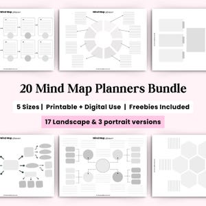 Può includere: Un pacchetto di 20 planner per mappe mentali con vari layout, tra cui design circolari e a diagramma di flusso. Il testo recita "20 Mind Map Planners Bundle" con dettagli su dimensioni, uso digitale e omaggi. I planner sono in scala di grigi.