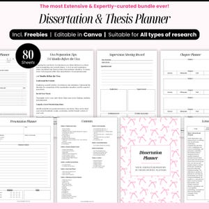May include: A Dissertation & Thesis Planner with 80 sheets, including freebies, editable in Canva, and suitable for all types of research. The planner includes sections for Viva preparation, supervision meetings, and chapter planning. The cover features a pink bow pattern.