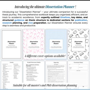 May include: The image showcases a "Dissertation Planner" with four cover options: a blank white cover, a pink bow pattern, a light blue grid, and a book illustration. The planner aids in thesis organization, research, and viva preparation.