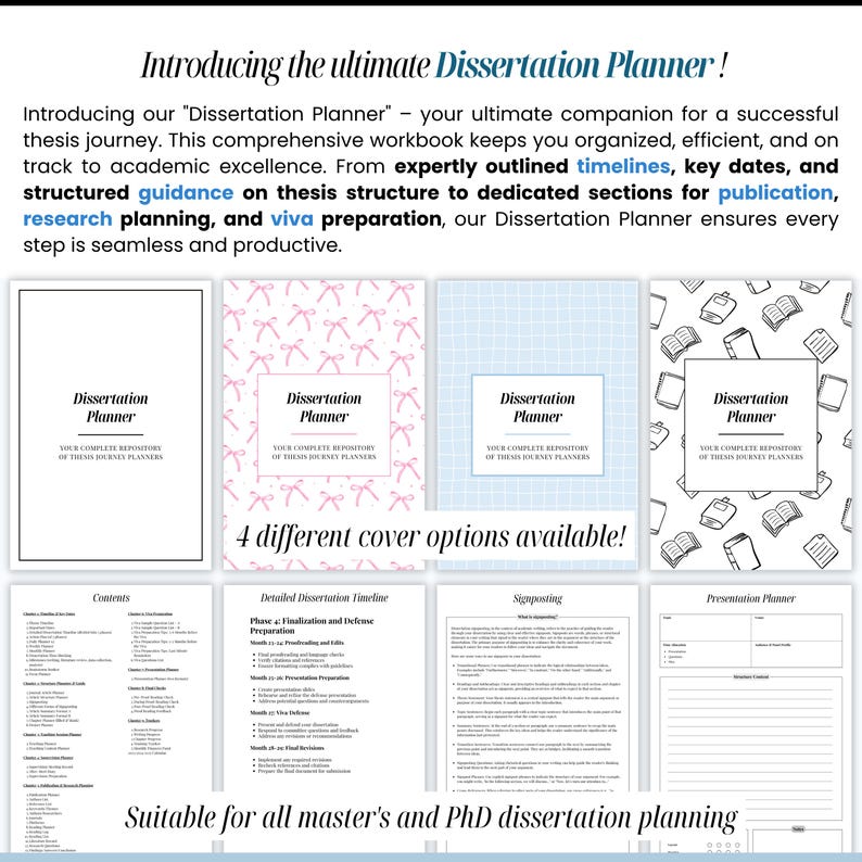 May include: The image showcases a "Dissertation Planner" with four cover options: a blank white cover, a pink bow pattern, a light blue grid, and a book illustration. The planner aids in thesis organization, research, and viva preparation.