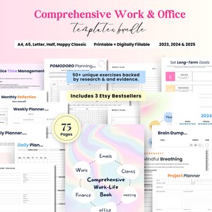 May include: A collection of printable and digitally fillable work and office templates. The templates include planning pages, goal setting sheets, and worksheets. The bundle includes 75 pages and is designed for use in 2023, 2024, and 2025. The bundle includes the text "Comprehensive Work & Office Templates bundle".