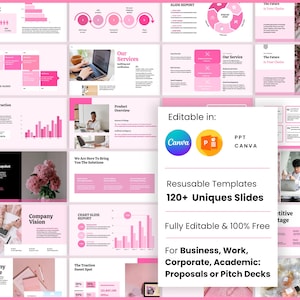 May include: A pink and white presentation template with various slides. The slides include charts, graphs, and text, with the words "Our Services," "Product Overview," and "Company Vision." The template is editable in Canva and PPT.