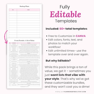 K&ouml;nnte beinhalten: Ein digitales Vorlagenpaket in Rosa und Wei&szlig; mit dem Text "Fully Editable Templates". Das Bild zeigt Listen f&uuml;r Veranstaltungsgenehmigungen und Notfallpl&auml;ne. Der Text betont die Anpassung in Canva und die Bearbeitung von Farben, Schriftarten und Fotos.