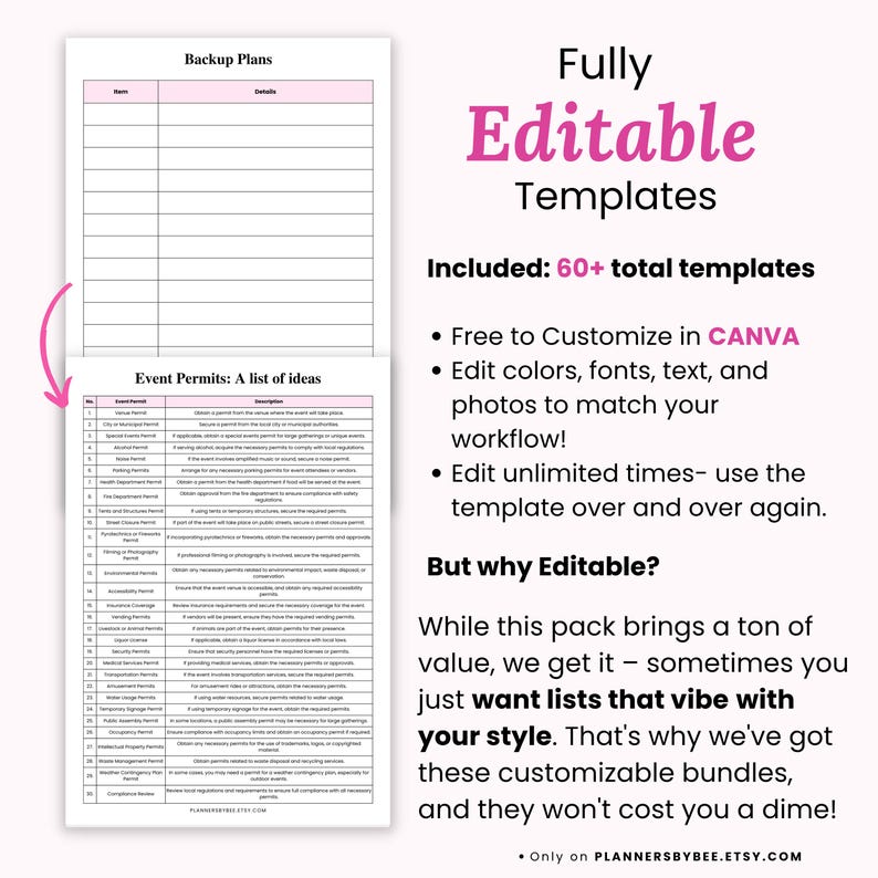 K&ouml;nnte beinhalten: Ein digitales Vorlagenpaket in Rosa und Wei&szlig; mit dem Text "Fully Editable Templates". Das Bild zeigt Listen f&uuml;r Veranstaltungsgenehmigungen und Notfallpl&auml;ne. Der Text betont die Anpassung in Canva und die Bearbeitung von Farben, Schriftarten und Fotos.