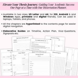 May include: A collection of printable dissertation planner pages, including a project planner, literature record, and research progress tracker. The text "Elevate Your Thesis Journey" is at the top. The planner is available in US Letter and A4 sizes.