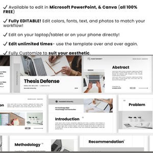 May include: A PowerPoint and Canva template for a thesis defense presentation. The design is primarily white and gray, with text that reads "Thesis Defense" and "Abstract." The template is fully editable, allowing customization of colors, fonts, and photos. It is designed for use on laptops, tablets, or phones.