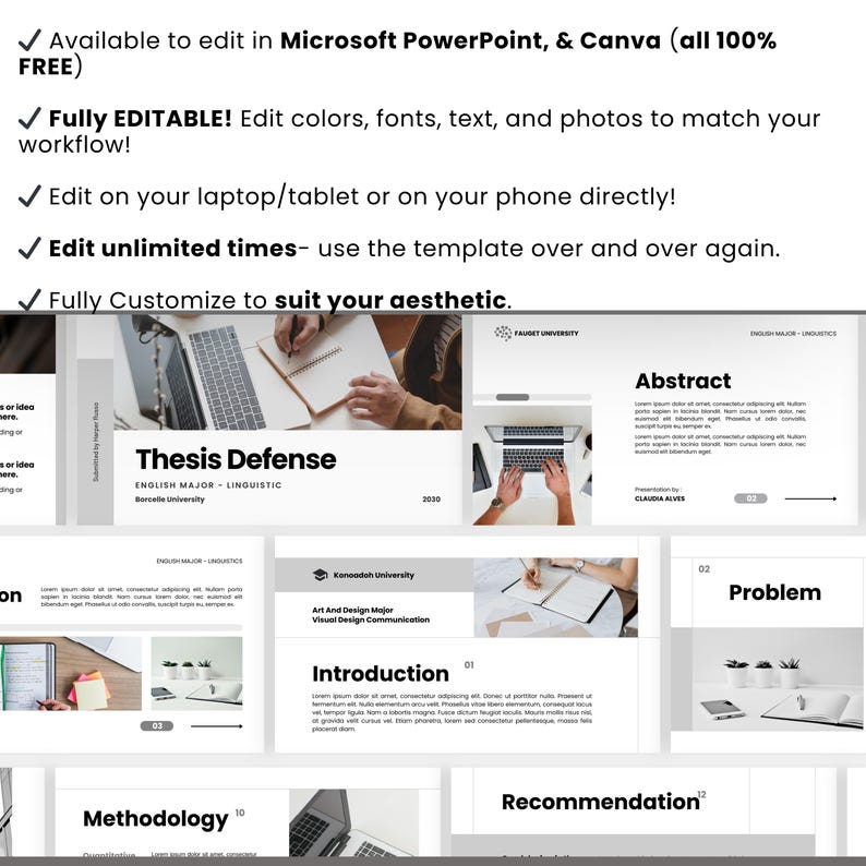 May include: A PowerPoint and Canva template for a thesis defense presentation. The design is primarily white and gray, with text that reads "Thesis Defense" and "Abstract." The template is fully editable, allowing customization of colors, fonts, and photos. It is designed for use on laptops, tablets, or phones.