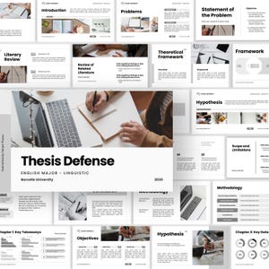 May include: A presentation slide deck titled "Thesis Defense" with the text "ENGLISH MAJOR - LINGUISTIC" and "Borcelle University". The slides include sections on literature review, methodology, and hypothesis. A laptop and notebook are visible.