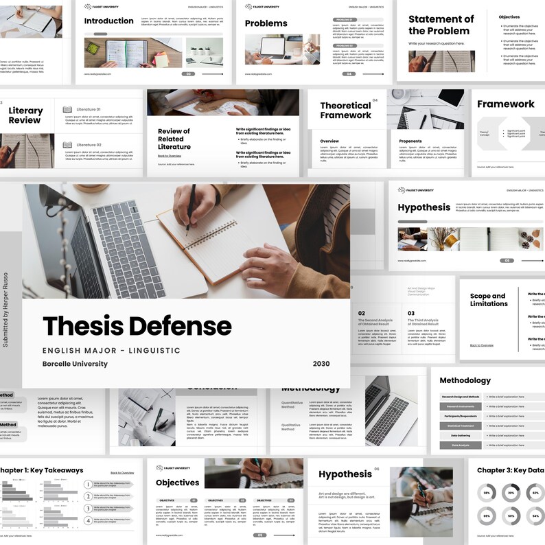 May include: A presentation slide deck titled "Thesis Defense" with the text "ENGLISH MAJOR - LINGUISTIC" and "Borcelle University". The slides include sections on literature review, methodology, and hypothesis. A laptop and notebook are visible.