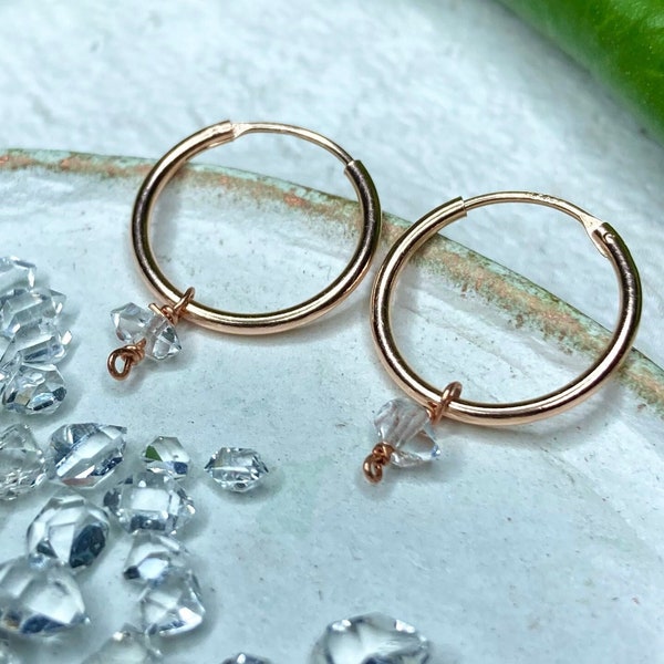 Herkimer diamond huggies | rose gold Herkimer diamond hoops | raw gemstone huggies | raw gemstone hoop earrings | Herkimer diamond earrings