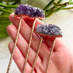 Amethyst druzy hair fork | raw amethyst hair stick | copper hair fork | crystal hair comb | amethyst hair pin | raw crystal hair fork