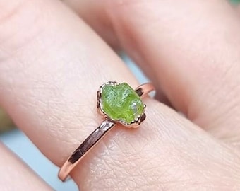 Raw Peridot Copper Ring | Electroformed Crystal, August Birthstone