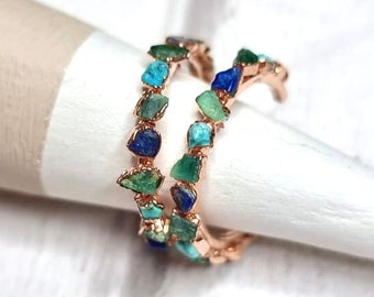 Raw emerald, lapis lazuli and turquoise hoops | raw crystal hoops | raw gemstone earrings | raw stone hoops | raw gemstone hoop earrings