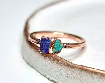 Raw Turquoise and Lapis Lazuli Copper Ring | Electroformed Gemstone Jewelry