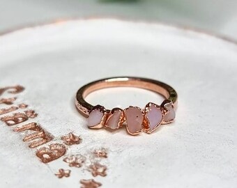 Raw Pink Opal Copper Ring | Electroformed Five Stone Band
