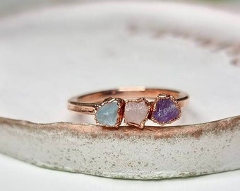 Electroformed Copper Ring, Raw Amethyst Aquamarine Rose Quartz