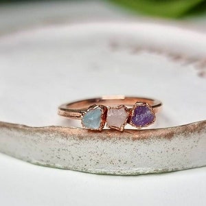 Electroformed Copper Ring, Raw Amethyst Aquamarine Rose Quartz