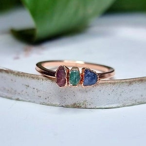 Raw Ruby Emerald Sapphire Copper Ring, Electroformed Crystal Jewelry
