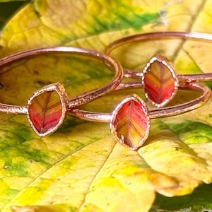 May include: Two thin copper rings, each featuring a small, marquise-shaped centrepiece. The centrepieces display a gradient of red, orange, and yellow stripes, resembling a leaf pattern. The rings are constructed from a smooth, metallic wire.