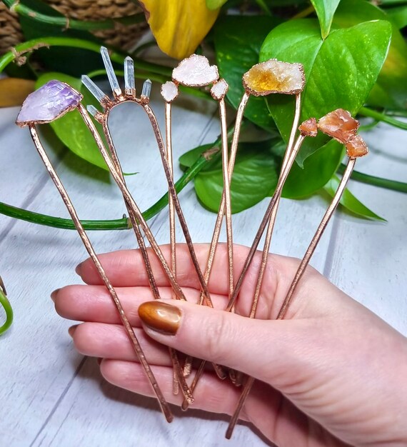 Rose quartz hair fork raw rose quartz hair stick copper hair fork  rose quartz hair pin hair fork rose quartz bun pin