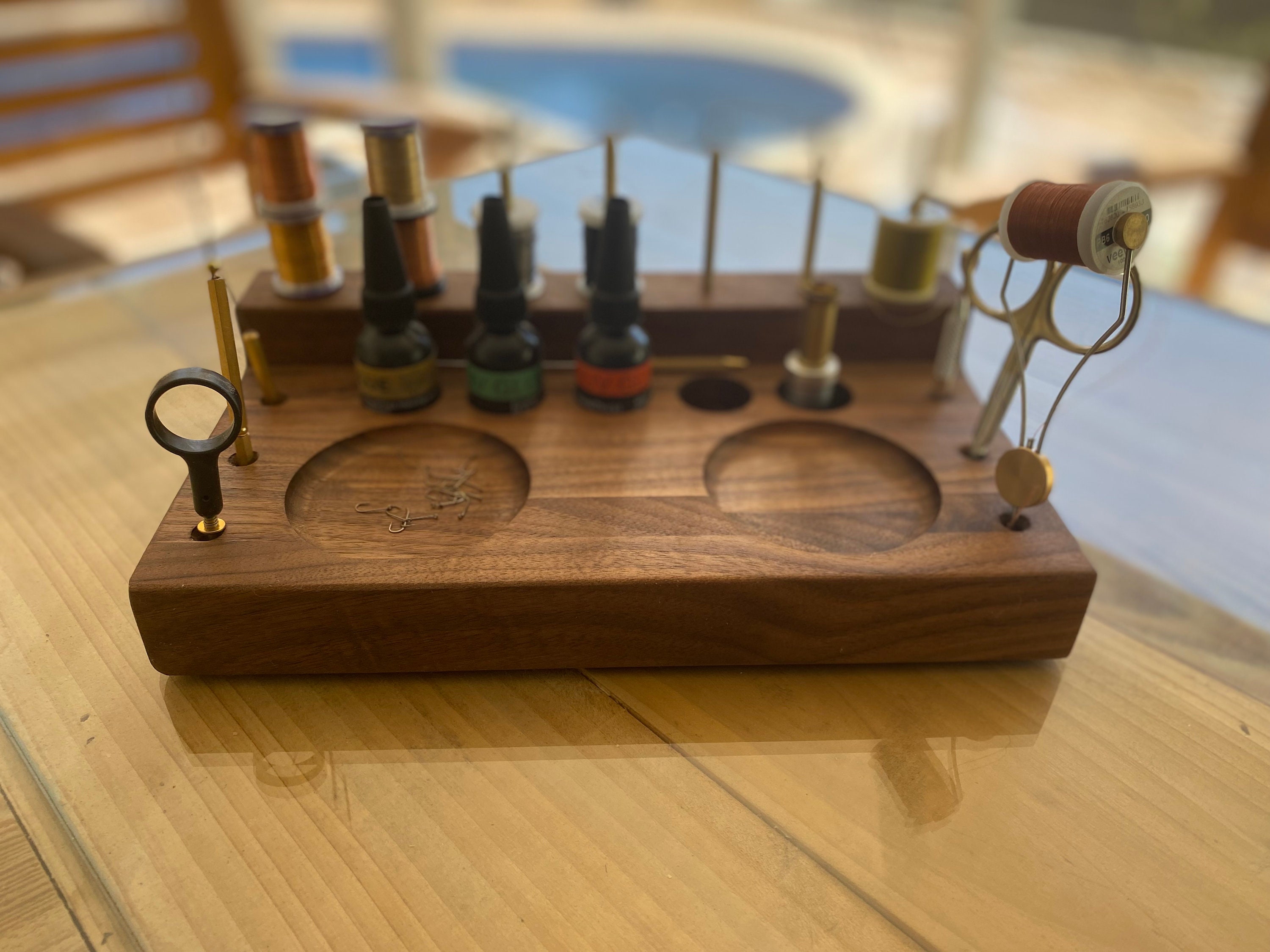 Fly Fishing Tying Tool Organizer Walnut Wooden Caddy, Fly Fishing Desk