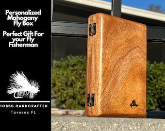 Caja de pesca con mosca de caoba hecha a mano, almacenamiento de madera grabado personalizado