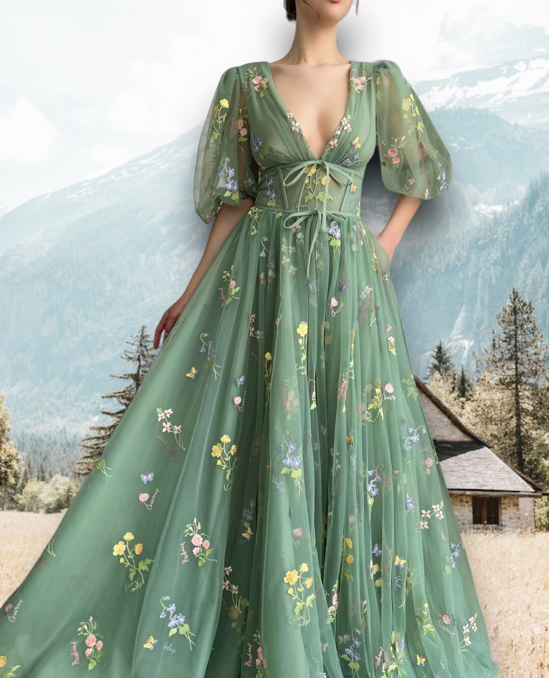 Sage Green Cottagecore Formal Dress Floral Embroidery Floor Etsy