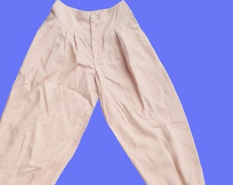 Home-made vintage balloon-shaped linen salmon-pink trousers