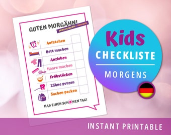 Kinder Checkliste | Morgen Routine | deutsch | digital download Printable | Kids Planer | Pink | A4