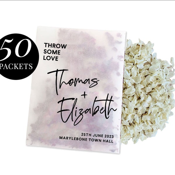 50 x Biodegradable Personalised Confetti Packets | Real Flower Petal Wedding Confetti | Natural | Bold Throw Some Love Names