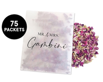 75 x Biodegradable Personalised Confetti Packets | Real Flower Petal Wedding Confetti | Wedding Guests | Mr(s) & Mr(s) Calligraphy Packets