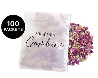 100 x Biodegradable Personalised Confetti Packets | Real Flower Petal Wedding Confetti | Wedding Guests | Mr(s) & Mr(s) Calligraphy Packets