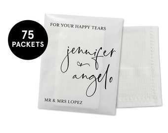 May include: 75 packets of white tissue paper with the text "For your happy tears" and "Jennifer & Angelo" in black cursive script. The text "Mr & Mrs Lopez" is also printed in black below the names.