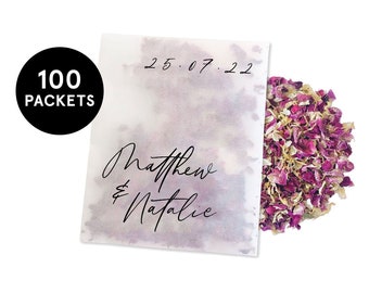 100 x Biodegradable Confetti Packets | Real Flower Petal Wedding Confetti | Wedding Guests | Personalised Italic Date Packets