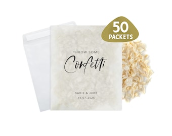 May include: 50 white paper packets of confetti with a beige envelope and a card that says "Throw some confetti" with the names Sadie & Jude and the date 14.07.2025.