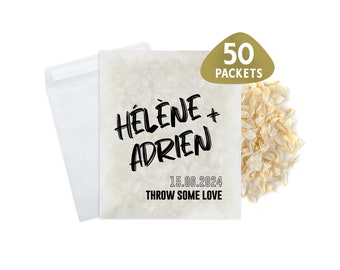 May include: 50 packets of white confetti with the text "HÉLÈNE + ADRIEN 15.06.2024 THROW SOME LOVE" printed on a beige paper bag.