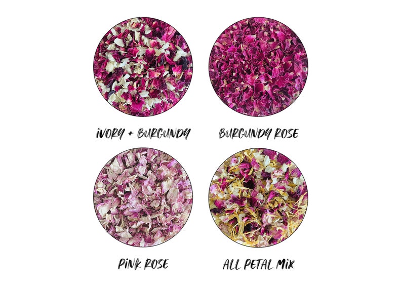 May include: Four containers of dried rose petals in different colours: ivory and burgundy, burgundy, pink, and a mix of all three colours. The containers are labelled with the colour combinations.