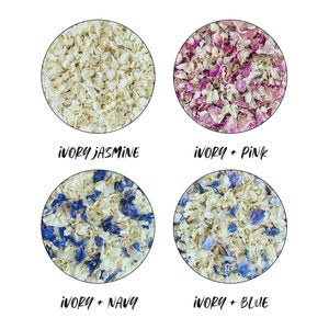 May include: Four images showing different colour combinations of dried flower petals. The first image shows ivory jasmine petals. The second image shows ivory and pink petals. The third image shows ivory and navy petals. The fourth image shows ivory and blue petals.