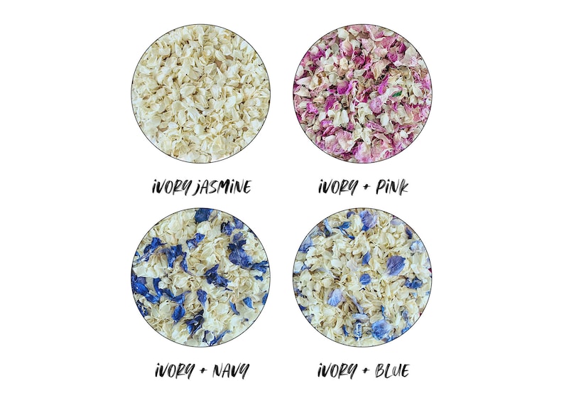 May include: Four images showing different colour combinations of dried flower petals. The first image shows ivory jasmine petals. The second image shows ivory and pink petals. The third image shows ivory and navy petals. The fourth image shows ivory and blue petals.