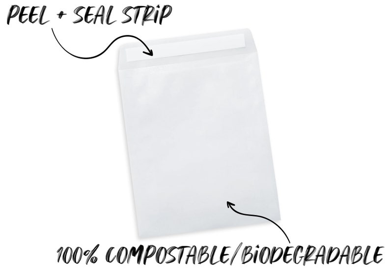 May include: White envelope with a peel and seal strip. The envelope is 100% compostable and biodegradable.