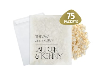 May include: A white paper bag with the text "Throw some love Lauren & Kenny" printed on it. The bag is filled with white flower petals and is accompanied by a white envelope. A gold sticker with the text "75 Packets" is on the bag.