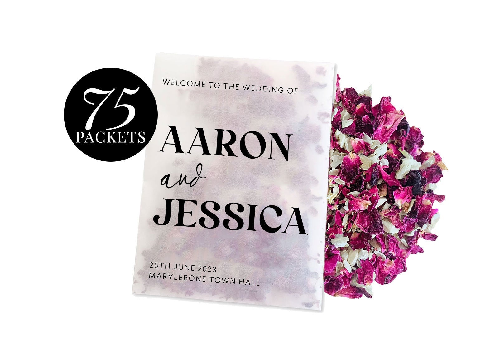 75 x Biodegradable Personalised Confetti Packets | Real Flower Petal Wedding Confetti | Natural | Serif Welcome To The Wedding
