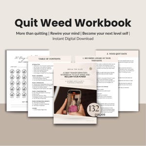 Op de afbeelding: Een verzameling digitale werkboeken getiteld "Quit Weed Workbook". De tekst op de omslag luidt "More than quitting | Rewire your mind | Become your next level self | Instant Digital Download". Het werkboek bevat 132 pagina's en een 30-dagenplan om te stoppen met roken.