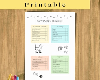 May include: A printable checklist for new puppy owners. The checklist is divided into four sections: Food and Comfort, Walking, Medical, and Hygiene. Each section has a list of items to consider, such as cozy blankets, a bed crate, a leash, a collar, flea prevention, and puppy shampoo.