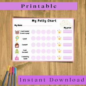 Puede incluir: Un gráfico de entrenamiento para ir al baño imprimible con un fondo rosa y una cuadrícula de círculos para hacer un seguimiento del progreso. El gráfico presenta ilustraciones de un oso, una princesa, una rana y un castillo. El texto "My Potty Chart" está en la parte superior del gráfico, y el texto "My Name" está en la parte superior izquierda. El texto "My prize" está en la parte superior derecha. Hay cinco filas de espacios en blanco para las recompensas.