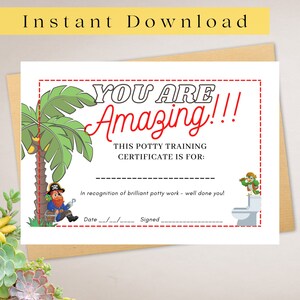 May include: A printable potty training certificate featuring a pirate and a toilet. The certificate reads "You Are Amazing!!!" and "This potty training certificate is for:" with blank lines for the child's name, date, and signature.