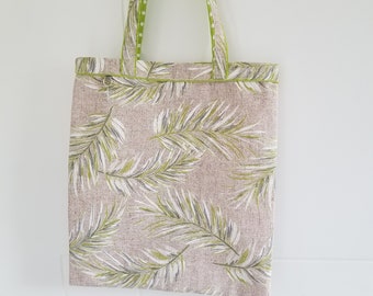 Totebag en coton écru imprimé feuille vert et gris 32 x 38 cm