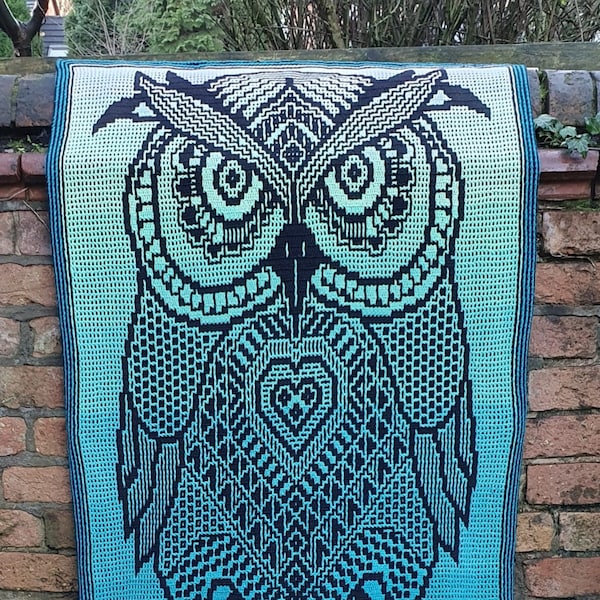 Ollie the Owl, lap throw or single bed spread for Overlay Mosaic and Interlocking Filet crochet. DIGITAL PATTERN in English and Dutch